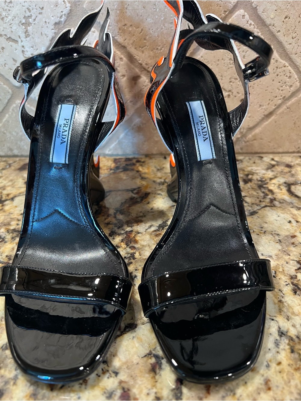Prada 2018 Flame Detail Black Patent Leather Wedge Sandals w/ Orange Flame - Picture 13 of 14